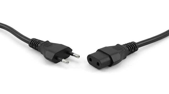 Black AC power cable with European two pin plug and C7 connector isolated on white background
