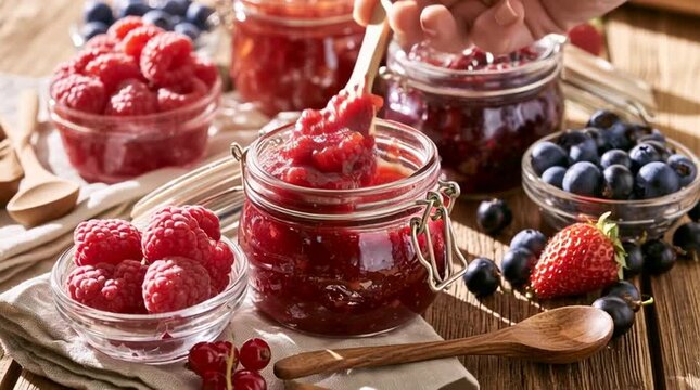 Homemade raspberry jam in glass jars with fresh berries, a wooden spoon and strawberries, creating a rustic summer preserve scene with natural sweet flavors.