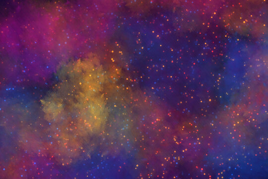 Colorful cosmic background with vibrant purple blue and yellow nebula clouds and glowing star particles. Beautiful fantasy galaxy texture perfect for mystical designs and magical space backdrops.