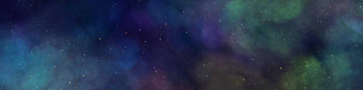 Colorful cosmic panoramic banner background with vibrant blue purple and green nebula clouds and glowing star particles. Beautiful fantasy galaxy texture perfect for mystical designs and headers.