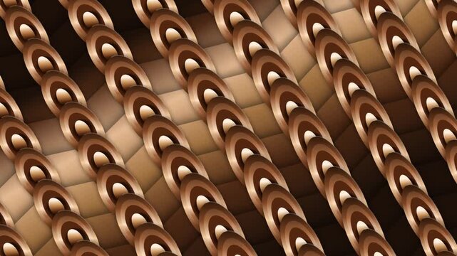 Abstract background with rows of shiny metallic copper chains arranged in a repeating geometric pattern with warm lighting and deep shadows creating a 3d effect 4k Motion Video
