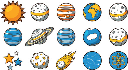Colorful solar system icon collection featuring sun, planets, Earth, Saturn, asteroids, stars, comets and atomic symbols for astronomy designs © Mst