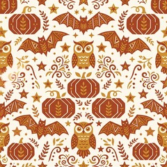Obraz premium Folk Art Scandinavian Autumn Owl and Bat Harvest Pattern