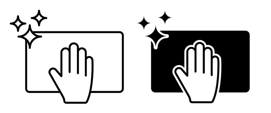 Hand with cleaning cloth wiping surface vector icon