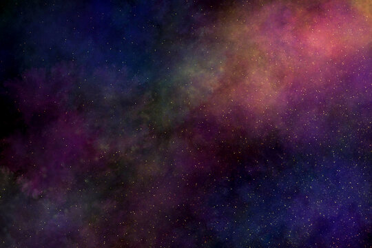 Abstract cosmic background with colorful purple blue and pink nebula clouds and glowing star particles. Beautiful night sky galaxy texture perfect for mystical designs and magical backdrops.
