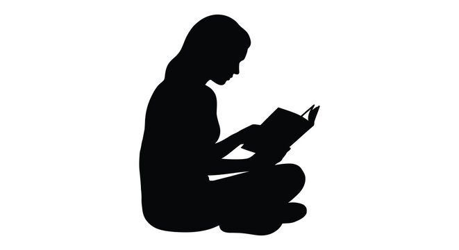 Woman kneeling and reading a book black silhouette