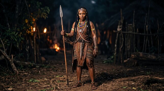 Woman in Traditional Attire Holding Spear in Village at Night