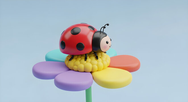 Cute 3D ladybug on a colorful flower - happy cartoon insect character