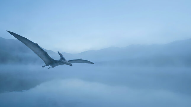 Pterodactyl flying over a misty lake in a prehistoric foggy landscape
