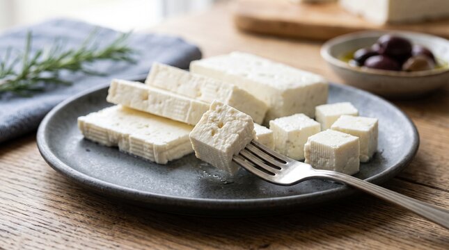 Fresh feta cheese cubes on a dark plate served with a fork on wooden table