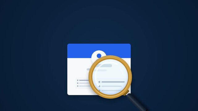 Premium corporate animation showing a magnifying glass scanning a candidate profile on a resume document, representing recruitment, talent acquisition, hiring process, and professional evaluation.