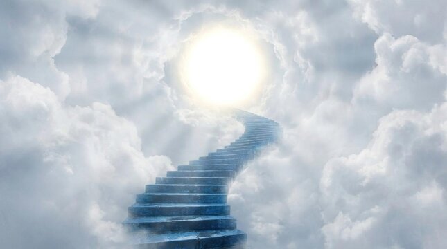 Heavenly stairway ascending through white clouds toward bright sun.