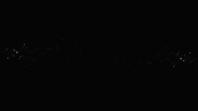 Magic light star line effect with golden glitter particles, sparkling fairy dust trail, white glowing stars, pixie dust path, magical swirl transition and black screen background 4k