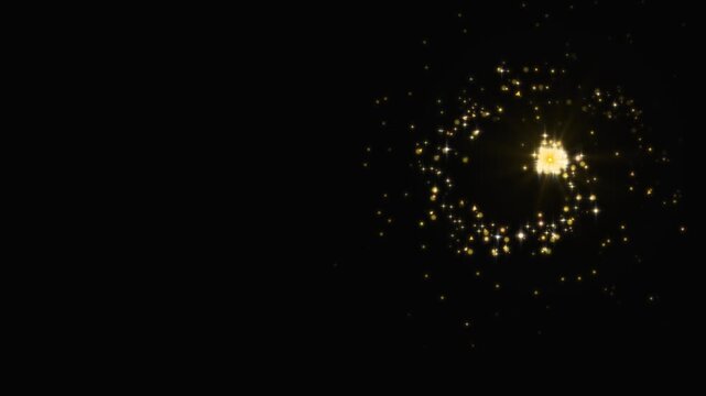 Magical gold glitter particles, sparkling star dust trail, fairy doodle stars, spiral light effect, elegant holiday celebration background, black screen animation 4k