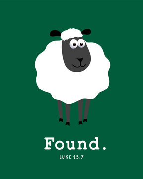 Found, Luke 15:7 - Sunday school t-shirt design. He left 99, Christian vector illustration with text from Luke 15:3-7 and smiling sheep for children's clothing