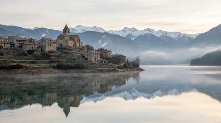 Fototapeta premium Historic village and church reflecting in calm mountain lake.