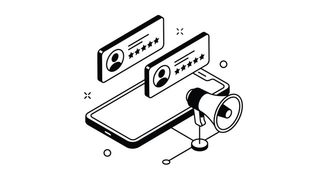 Smartphone displaying customer feedback ratings with a megaphone illustration in clean black and white style