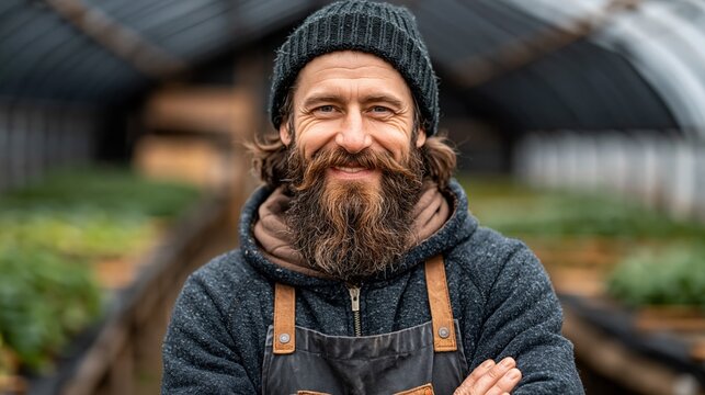 A smiling man with a long beard and beanie stands with crossed arms in front of a blurred greenhouse background.