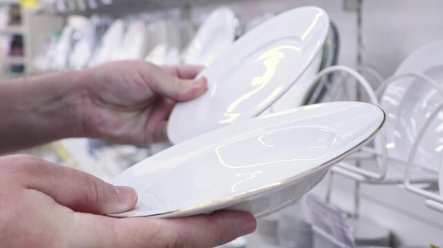 Man Selecting White Plates for Purchase in Household Store. Close view of hands choosing porcelain dishes from a shelf. Concept of consumer decision, kitchenware retail and everyday home use.