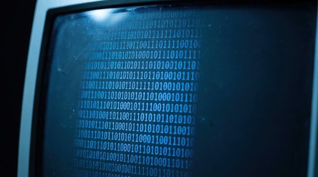 Old CRT screen closeup with glowing blue binary code