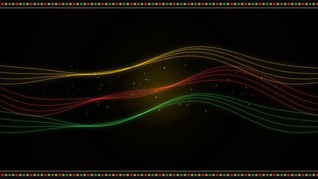 Abstract background with glowing wavy lines in red yellow and green colors with a decorative border on a black backdrop for modern digital graphic design projects 4k Motion Video