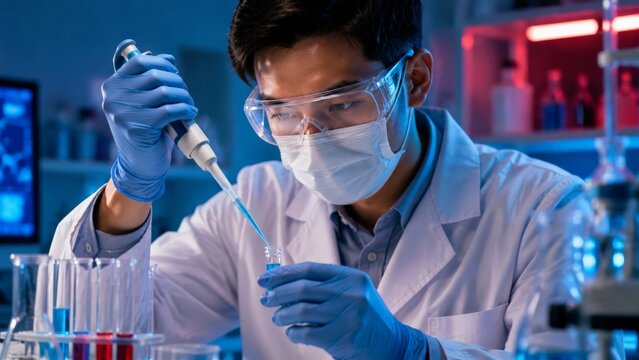 A scientist wearing protective gear, a mask, and goggles, uses a pipette during an experiment in a laboratory