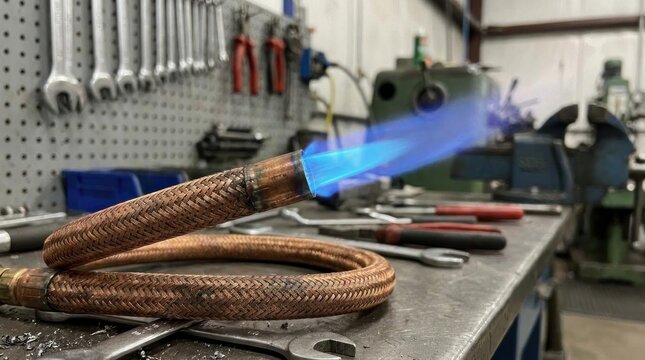 Industrial gas torch on workshop bench.