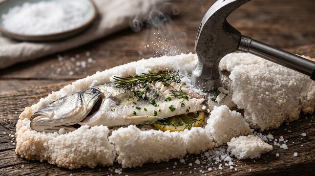 Fresh fish baked in a hard salt crust being cracked open with a metal hammer