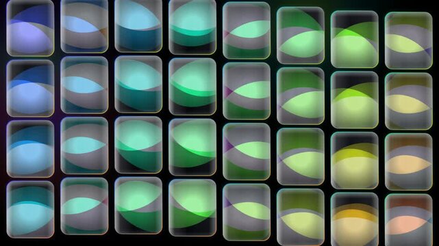 Grid of glowing colorful rectangular glass buttons with abstract light gradients for user interface design and digital technology website elements set on a black background 4k Motion Video