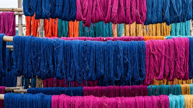 Vibrant colorful dyed yarn hanging to dry on bamboo poles in a textile facility