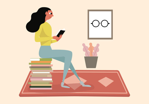 Smart Woman Reading a Book Sitting on Stack Vector
