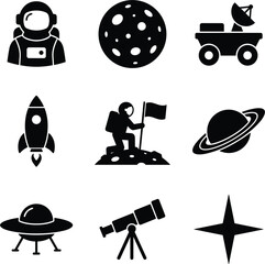 Space exploration icon collection featuring astronaut, moon, rover, rocket, flag, Saturn, UFO, telescope and celestial star symbols © Mst