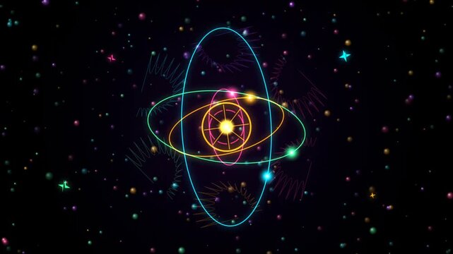 Colorful neon atom model with glowing light trails and particles in deep space 4k Motion Video