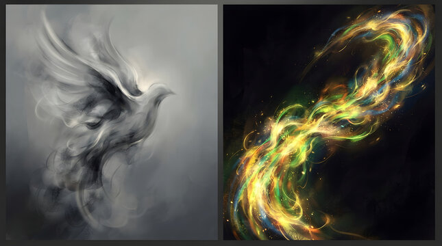 Dramatic diptych featuring a bird in flight and abstract colorful energy swirls