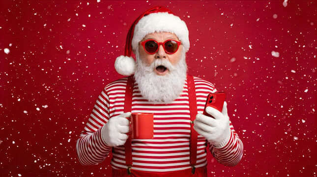 A surprised Santa Claus with a white beard wearing red sunglasses and a striped shirt while holding a red coffee mug and a smartphone Isolated on transparent background