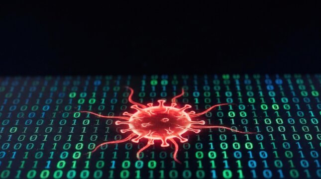 Red virus icon with tendrils on binary code background