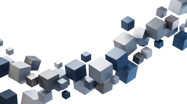 Abstract 3D cubes in blue and grey tones, geometric block composition on white background, modern digital data visualization