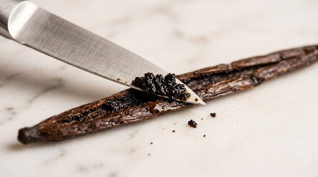 A sharp knife scraping black seeds from a split vanilla bean pod