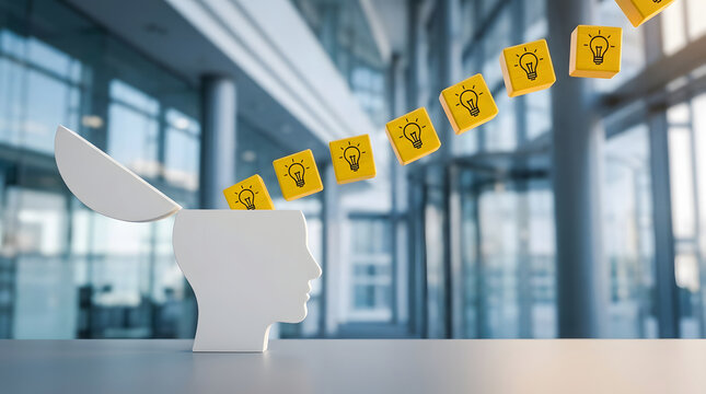 Creative idea and inspiration concept, with lightbulb icons flowing out of an open head silhouette into a modern office space