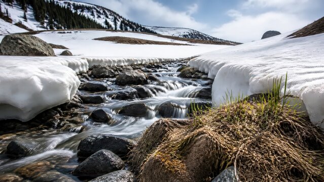 Telephoto view of Spring thaw along reopening mountain stream
