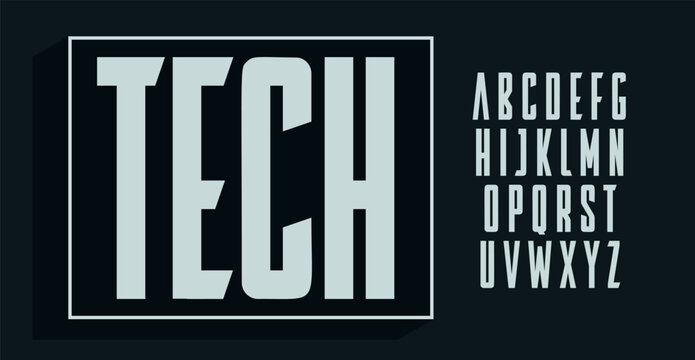 bold condensed alphabet, urban compressed sans serif letters, space font for futuristic logo, headline, edm typography, game design. Vector typographic design