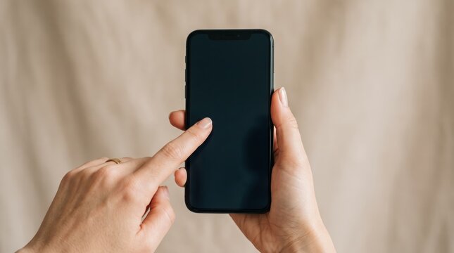 of woman hands holding black smartphone and touching screen with finger, using mobile app, browsing internet, digital communication, technology lifestyle, vertical composition