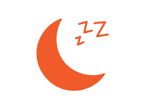 Crescent moon icon in orange color with sleeping symbols isolated on a white background.
