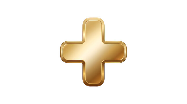Gold plus sign icon isolated on white background, 3D metallic addition symbol graphic