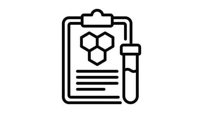 Minimalist chemical science clipboard icon featuring molecular structure and test tube in bold black lines