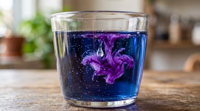A drop of purple ink swirling and dissolving in a glass of clear blue water