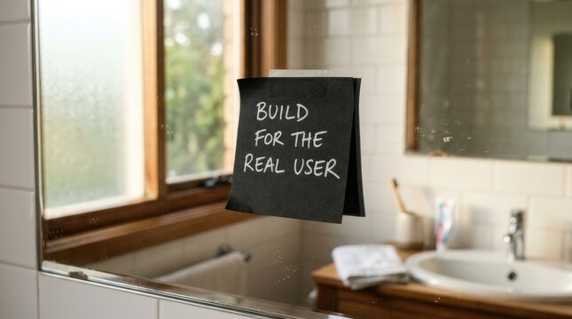 Black sticky note with motivational text build for the real user attached to a glass mirror