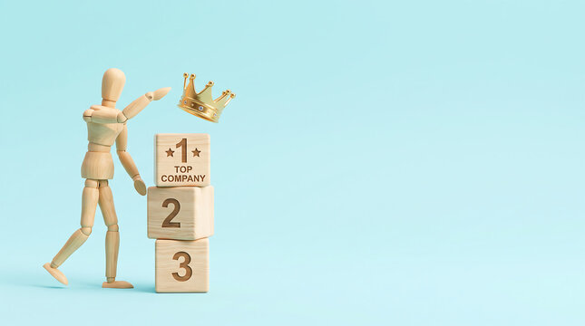 Marketing team KPI and business growth analysis concept with wooden mannequin placing crown on top company block stack and copy space for mid-year performance review presentation slide