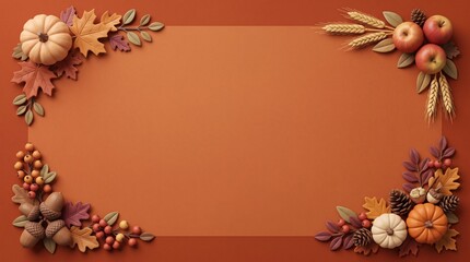 Fototapeta premium Autumn harvest border with pumpkins and dry leaves on a warm red background for fall design