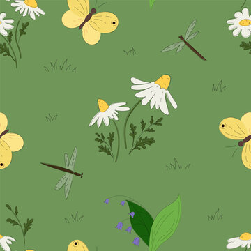 Seamless pattern with chamomiles, bluebells and butterflies